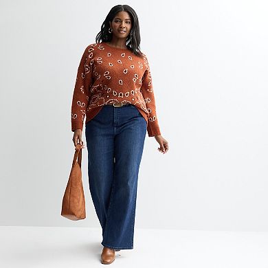 Plus Size Chelsea & Theodore Long Sleeve Crewneck Bandana Print Sweater