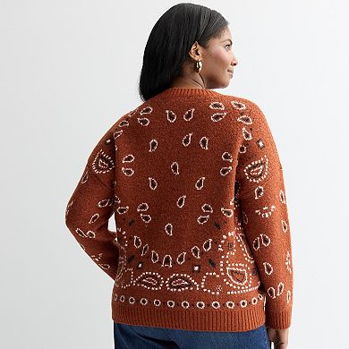 Plus Size Chelsea & Theodore Long Sleeve Crewneck Bandana Print Sweater