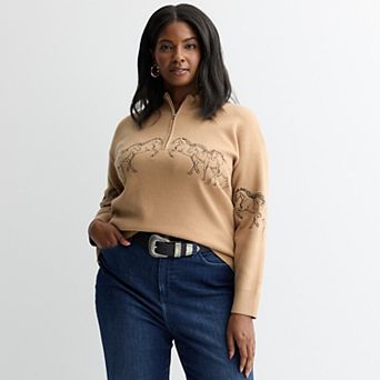 Plus Size Chelsea & Theodore Long Sleeve Quarter-Zip Sweater