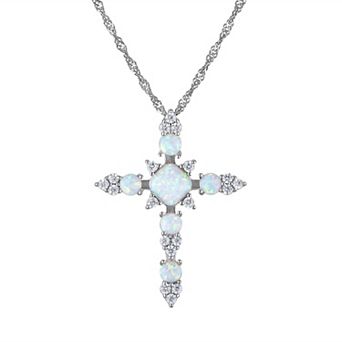 Designs by Gioelli Sterling Silver Lab-Created Opal Cross Pendant Necklace