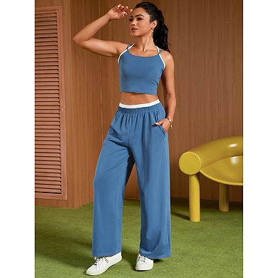 Womens Summer 2 Piece Outfits Tracksuit Crop Camisole Tank Tops Wide Leg Pants Sets Lounge Sets