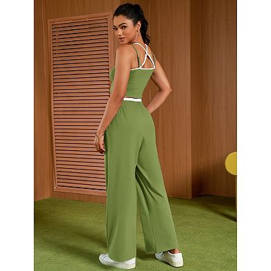 Womens Summer 2 Piece Outfits Tracksuit Crop Camisole Tank Tops Wide Leg Pants Sets Lounge Sets