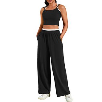 Womens Summer 2 pc Outfits Tracksuit Crop Camisole Tank Tops Wide Leg Pants Sets Lounge Sets
