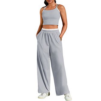 Womens Summer 2 pc Outfits Tracksuit Crop Camisole Tank Tops Wide Leg Pants Sets Lounge Sets