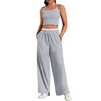 Womens Summer 2 pc Outfits Tracksuit Crop Camisole Tank Tops Wide Leg Pants Sets Lounge Sets