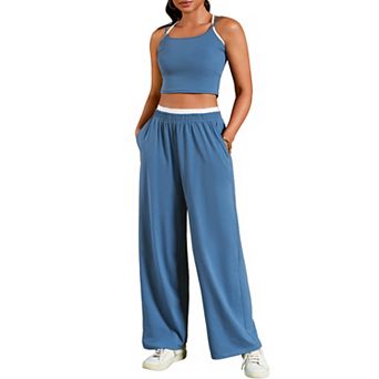 Womens Summer 2 pc Outfits Tracksuit Crop Camisole Tank Tops Wide Leg Pants Sets Lounge Sets