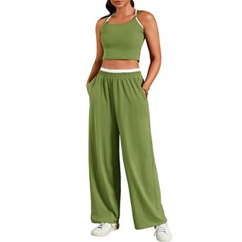 Womens Summer 2 pc Outfits Tracksuit Crop Camisole Tank Tops Wide Leg Pants Sets Lounge Sets