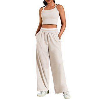 Womens Summer 2 pc Outfits Tracksuit Crop Camisole Tank Tops Wide Leg Pants Sets Lounge Sets