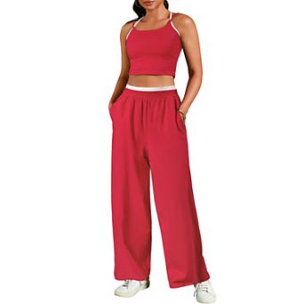 Womens Summer 2 pc Outfits Tracksuit Crop Camisole Tank Tops Wide Leg Pants Sets Lounge Sets