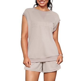 Womens 2 pc Sets Summer Tracksuit Cap Sleeve Tops Elactsic Waist Short Sets Casual Sweat Set