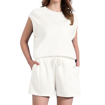 Womens 2 pc Sets Summer Tracksuit Cap Sleeve Tops Elactsic Waist Short Sets Casual Sweat Set