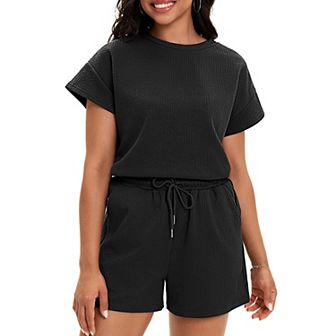 Women's Summer 2 pc Outfits Short Sleeve Tops Shorts Pants Lounge Sets Pajamas Sweatsuit Set
