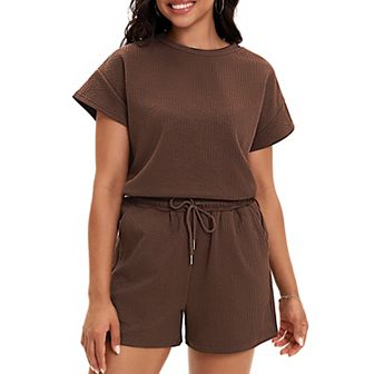 Women's Summer 2 pc Outfits Short Sleeve Tops Shorts Pants Lounge Sets Pajamas Sweatsuit Set