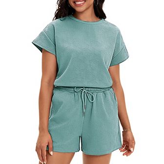 Women's Summer 2 pc Outfits Short Sleeve Tops Shorts Pants Lounge Sets Pajamas Sweatsuit Set