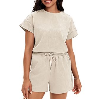 Women's Summer 2 pc Outfits Short Sleeve Tops Shorts Pants Lounge Sets Pajamas Sweatsuit Set