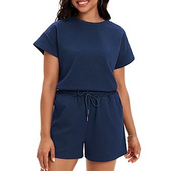 Women's Summer 2 pc Outfits Short Sleeve Tops Shorts Pants Lounge Sets Pajamas Sweatsuit Set