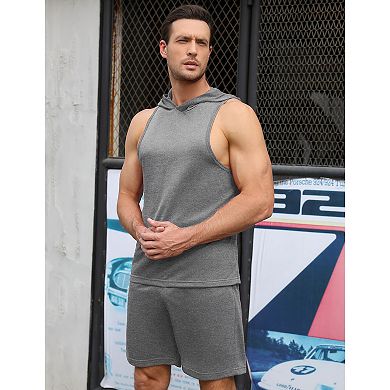Men's Tracksuit 2 Piece Sleeveless Hooded Workout Tank Top and Shorts Athletic Hoodie Shorts Set