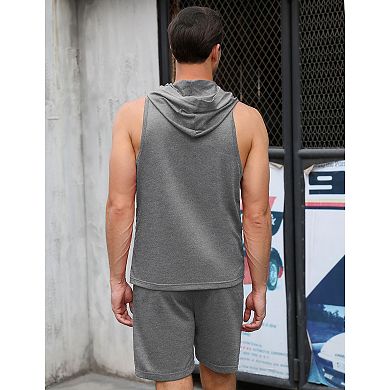 Men's Tracksuit 2 Piece Sleeveless Hooded Workout Tank Top and Shorts Athletic Hoodie Shorts Set
