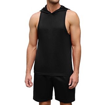Men's Tracksuit 2 pc Sleeveless Hooded Workout Tank Top and Shorts Athletic Hoodie Shorts Set