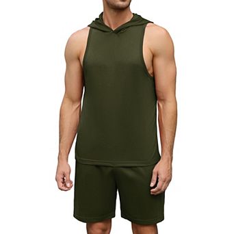 Men's Tracksuit 2 pc Sleeveless Hooded Workout Tank Top and Shorts Athletic Hoodie Shorts Set
