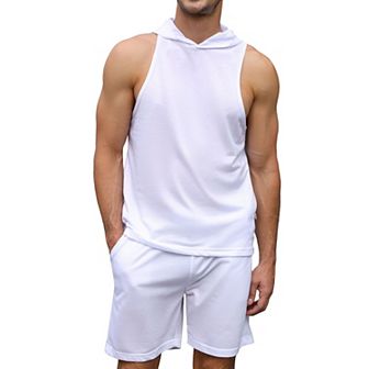 Men's Tracksuit 2 pc Sleeveless Hooded Workout Tank Top and Shorts Athletic Hoodie Shorts Set