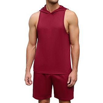 Men's Tracksuit 2 pc Sleeveless Hooded Workout Tank Top and Shorts Athletic Hoodie Shorts Set