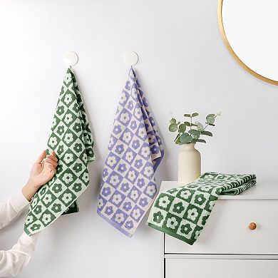 Checkered Floral Hand Towels, Cotton Soft Absorbent Decorative Bathroom Towel 2 Pack