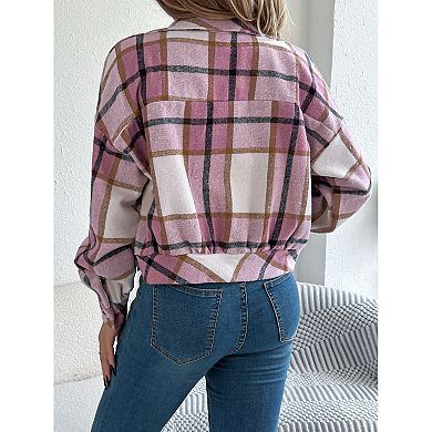 Womens Long Sleeve Lapel Jackets Button Down Checkered Coats Cropped Outerwear Tops with Pockets