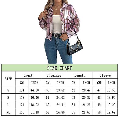 Womens Long Sleeve Lapel Jackets Button Down Checkered Coats Cropped Outerwear Tops with Pockets