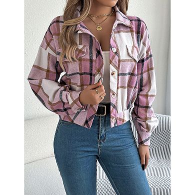 Womens Long Sleeve Lapel Jackets Button Down Checkered Coats Cropped Outerwear Tops with Pockets