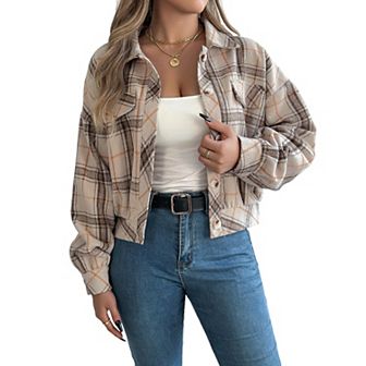 Womens Long Sleeve Lapel Jackets Button Down Checkered Coats Cropped Outerwear Tops with Pockets