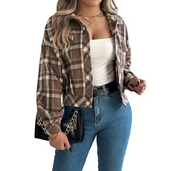 Womens Long Sleeve Lapel Jackets Button Down Checkered Coats Cropped Outerwear Tops with Pockets