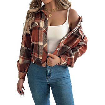 Womens Long Sleeve Lapel Jackets Button Down Checkered Coats Cropped Outerwear Tops with Pockets