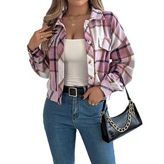 Womens Long Sleeve Lapel Jackets Button Down Checkered Coats Cropped Outerwear Tops with Pockets