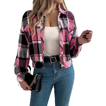 Womens Long Sleeve Lapel Jackets Button Down Checkered Coats Cropped Outerwear Tops with Pockets