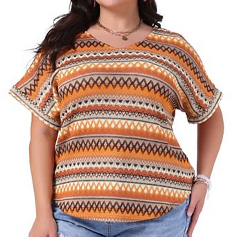 Plus Size Tops for Women V Neck Batwing Sleeve Summer Holiday Geometric Print Boho Blouses