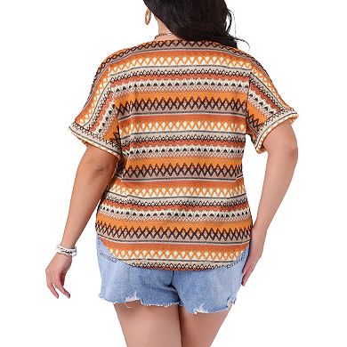 Plus Size Tops for Women V Neck Batwing Sleeve Summer Holiday Geometric Print Boho Blouses