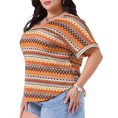 Plus Size Tops for Women V Neck Batwing Sleeve Summer Holiday Geometric Print Boho Blouses