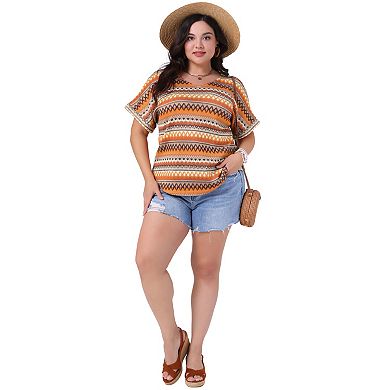 Plus Size Tops for Women V Neck Batwing Sleeve Summer Holiday Geometric Print Boho Blouses