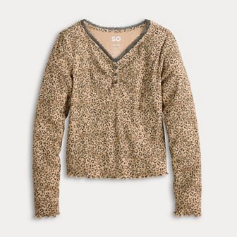 Girls 6-20 SO® Lace Trim Long Sleeve Henley in Regular & Plus Size