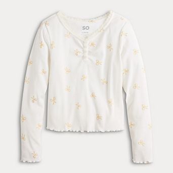 Girls 6-20 SO® Lace Trim Long Sleeve Henley in Regular & Plus Size