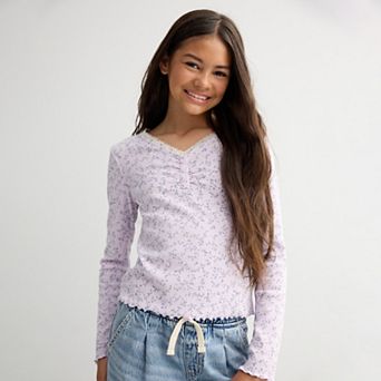Girls 6-20 SO® Lace Trim Long Sleeve Henley in Regular & Plus Size