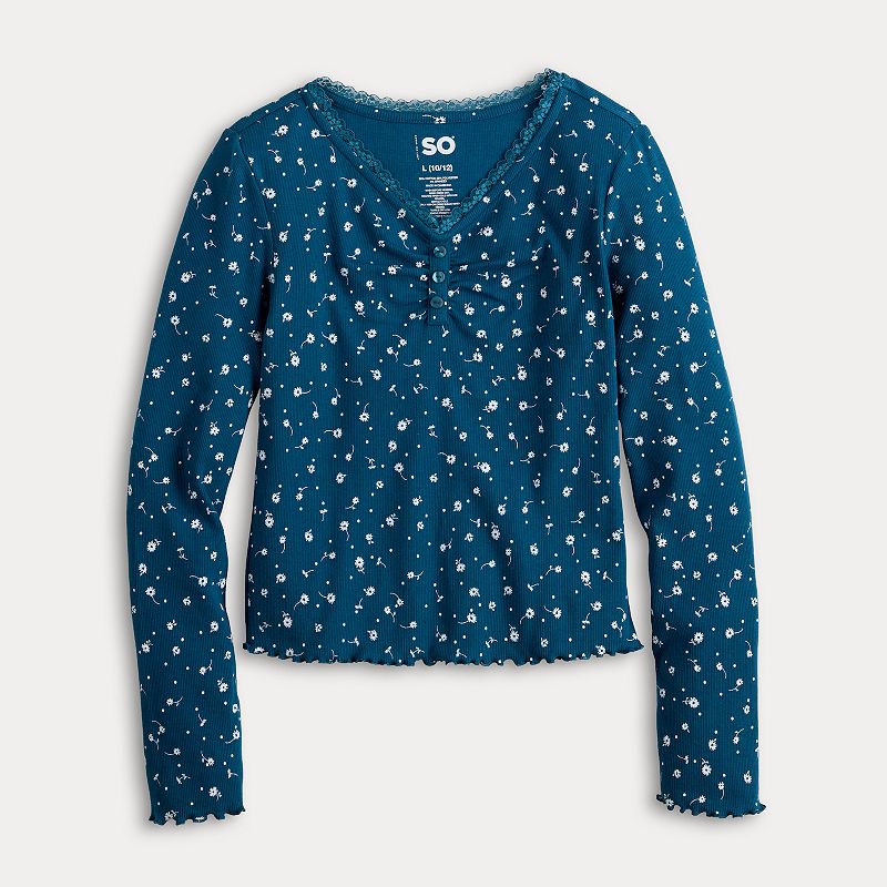 Girls 6-20 SO® Lace Trim Long Sleeve Henley in Regular & Plus Size