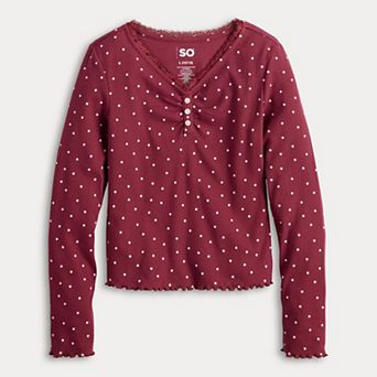 Girls 6-20 SO® Lace Trim Long Sleeve Henley in Regular & Plus Size