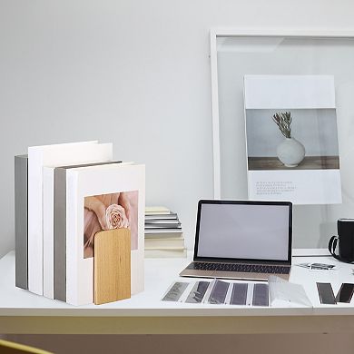 Wood Bookend with Metal Base, 2 Pcs Non-skid Round Head Book Ends for Shelves Desktop Organizer