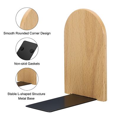 Wood Bookend with Metal Base, 2 Pcs Non-skid Round Head Book Ends for Shelves Desktop Organizer