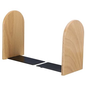 Wood Bookend with Metal Base, 2 pc Non-skid Round Head Book Ends for Shelves Desktop Organizer