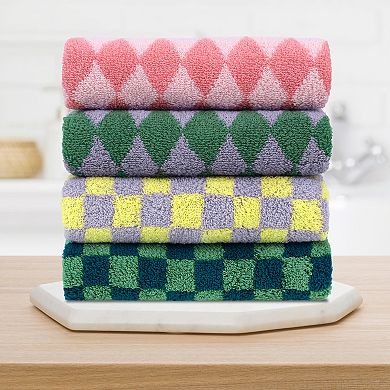 Checkered Cotton Hand Towels for Bathroom, Geometry Pattern Hand Towel 4 Pack