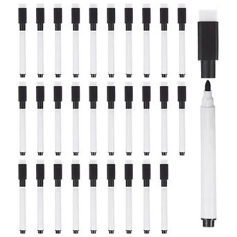 Dry Erase Marker Pens, 30 Pack Black Ink Fine Point Low Odor Whiteboard with Eraser Cap