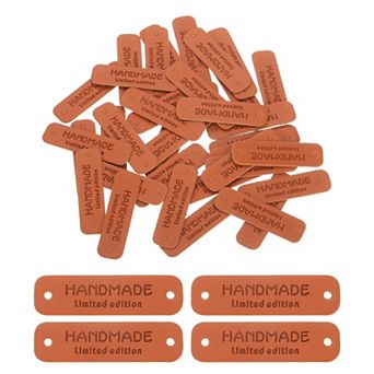50 pc Handmade Leather Labels, PU Leather Handmade Tags Button with Hole Embossed Tag